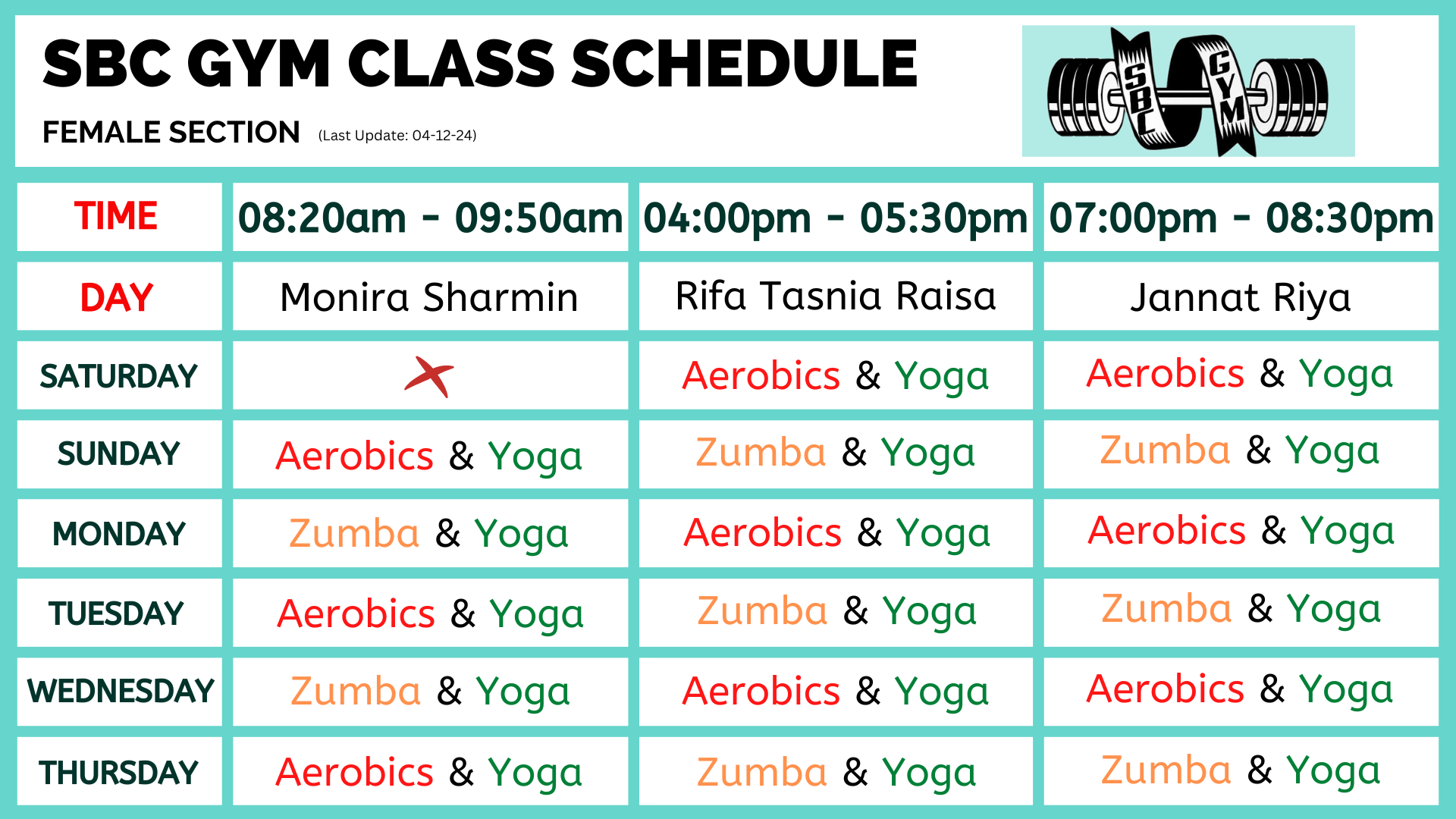 SBC GYM (Female Section) - Classes Schedules